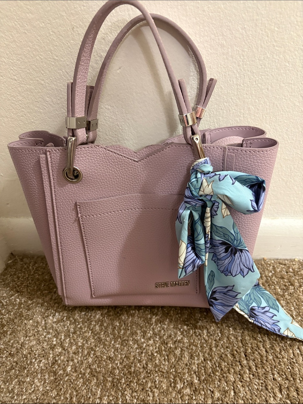 Steve Madden Lilac Crossbody Tote with Floral Scarf Accent